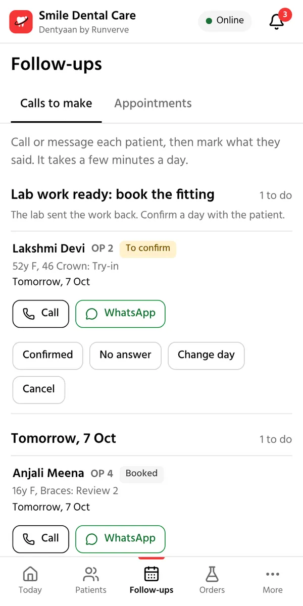 The morning call list, with a button to call and a button to send the reminder on WhatsApp.