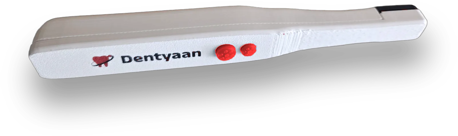 The other side of Dentyaan Cam: two round red buttons on the handle, next to the Dentyaan logo.