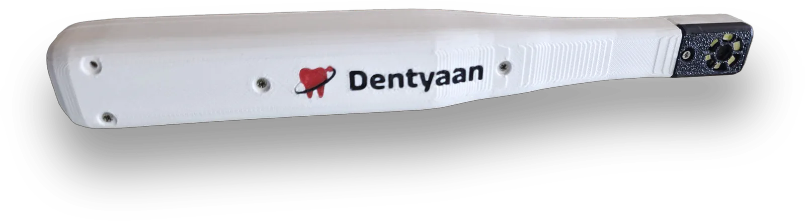 Dentyaan Cam from above: a slim white handpiece with the Dentyaan logo, and a small camera head at the tip with a ring of lights around the lens.